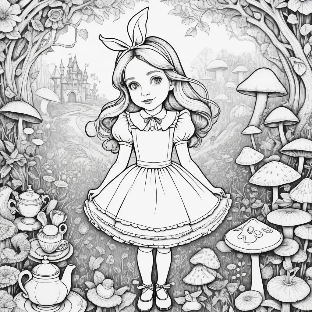 dibujo para colorear de Alicia en el País de las Maravillas con una niña, juego de té, setas y castillo