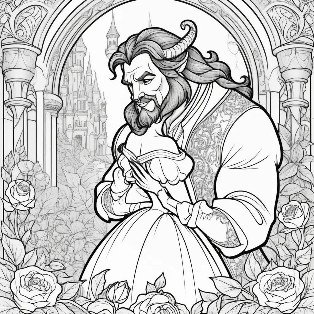 coloring page of Beauty and the Beast featuring a man with horns