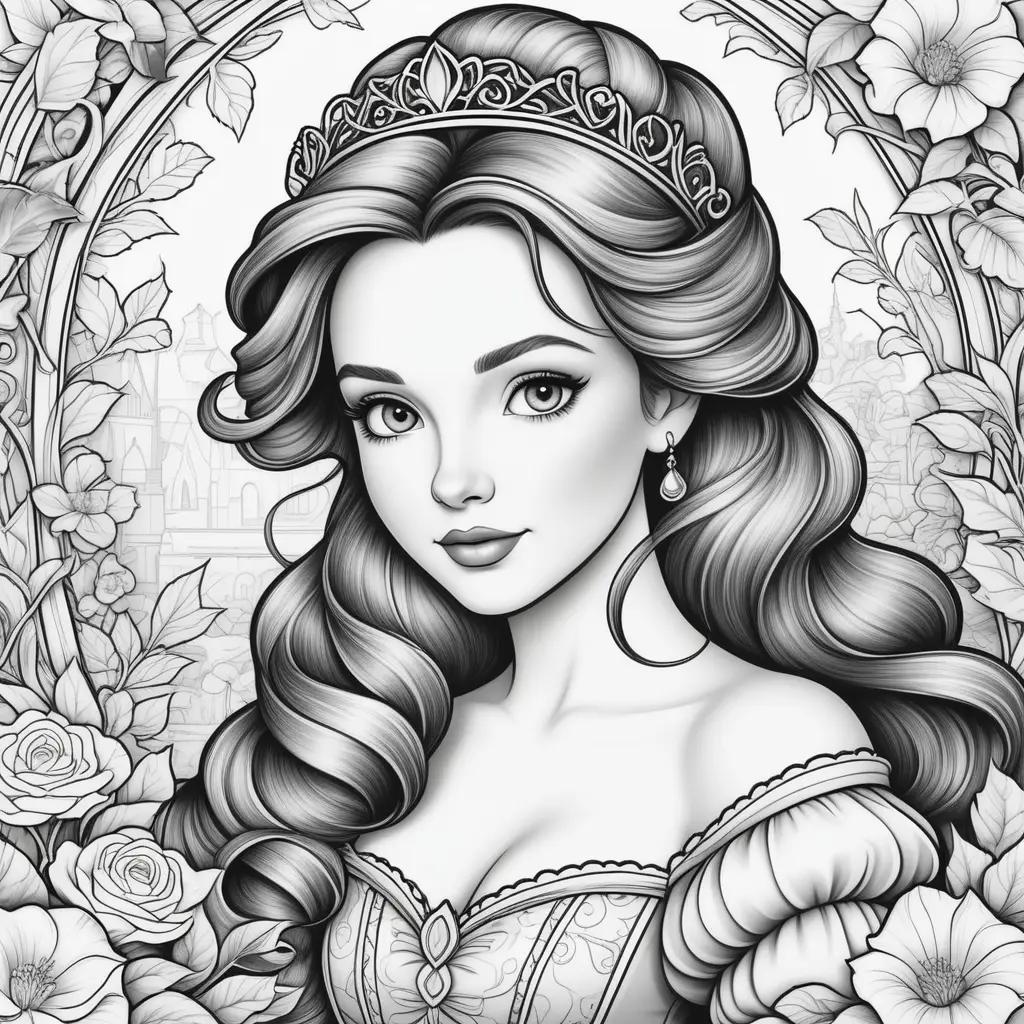 coloring page of Belle with a tiara, roses and a castle