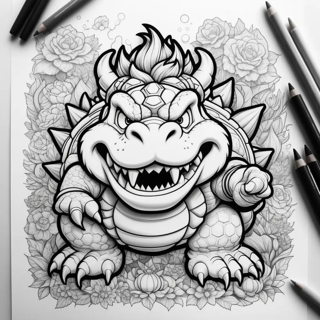 coloring page of Bowser with a flower and a bunch of pencils