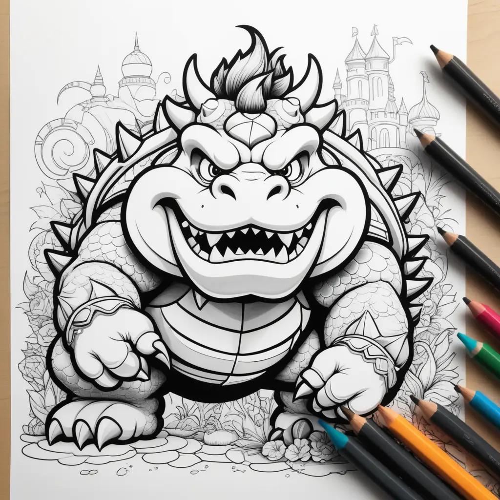 coloring page of Bowser with many colored pencils