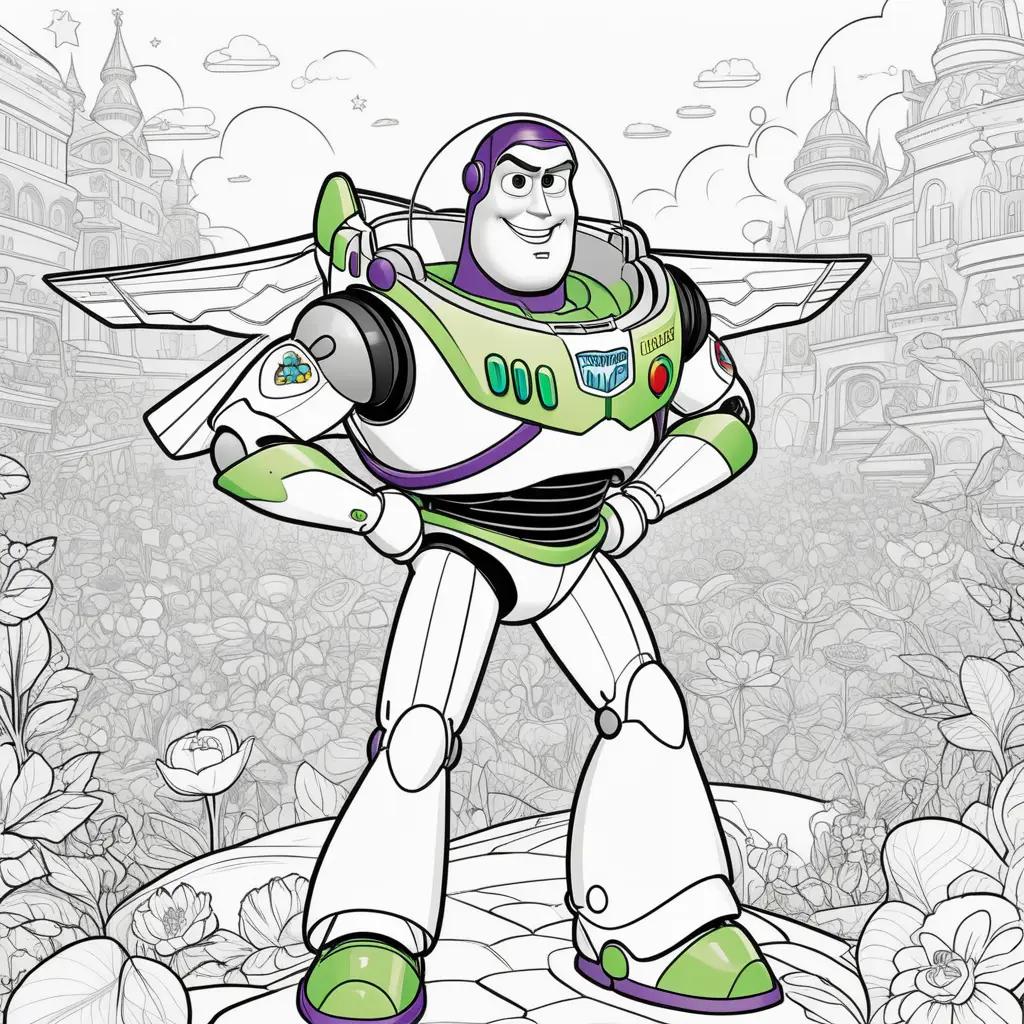 coloring page of Buzz Lightyear with a castle in the background