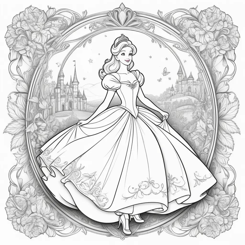 coloring page of Cinderella in a dress with a castle in the background