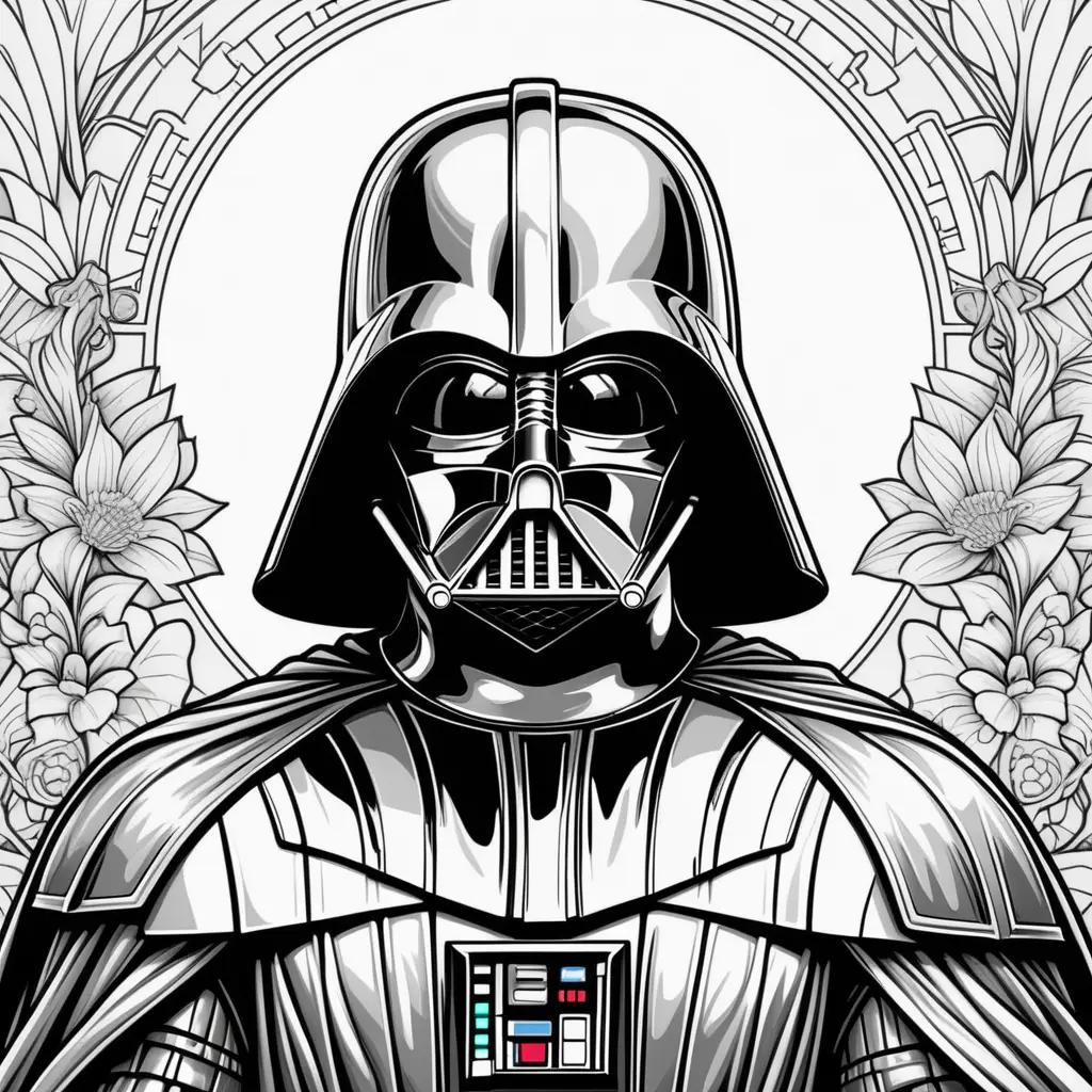 coloring page of Darth Vader with a flower in the background