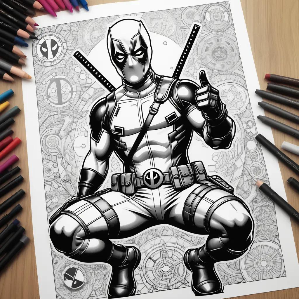 coloring page of Deadpool in a black and white color scheme