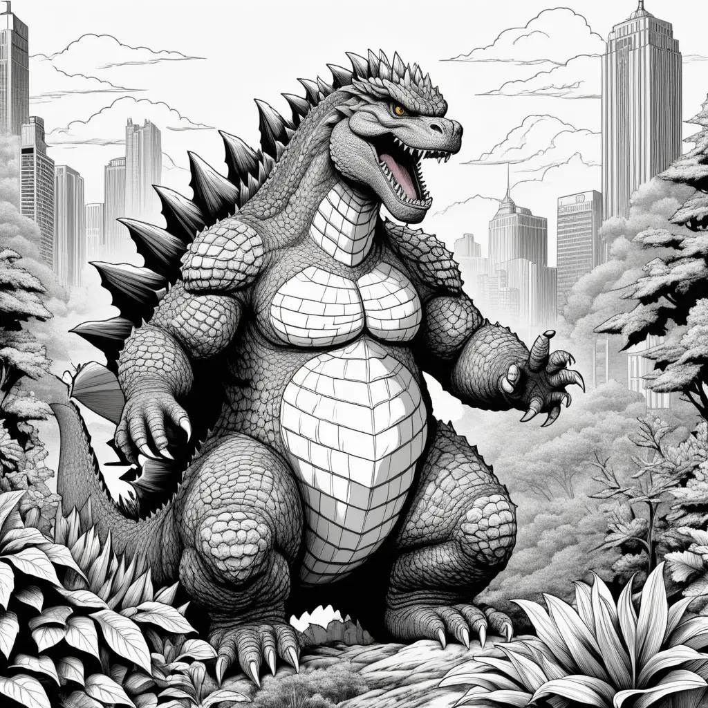 coloring page of Godzilla in black and white