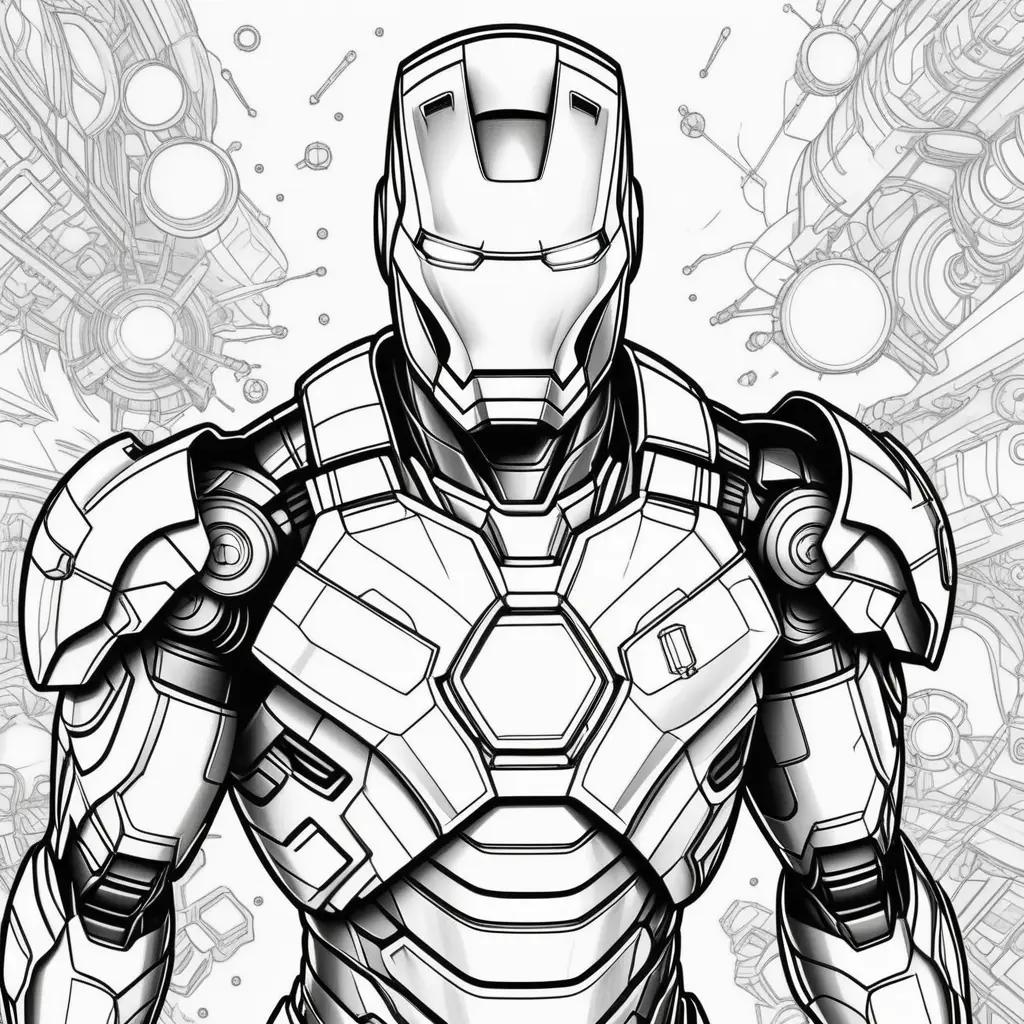 coloring page of Iron Man featuring a detailed suit