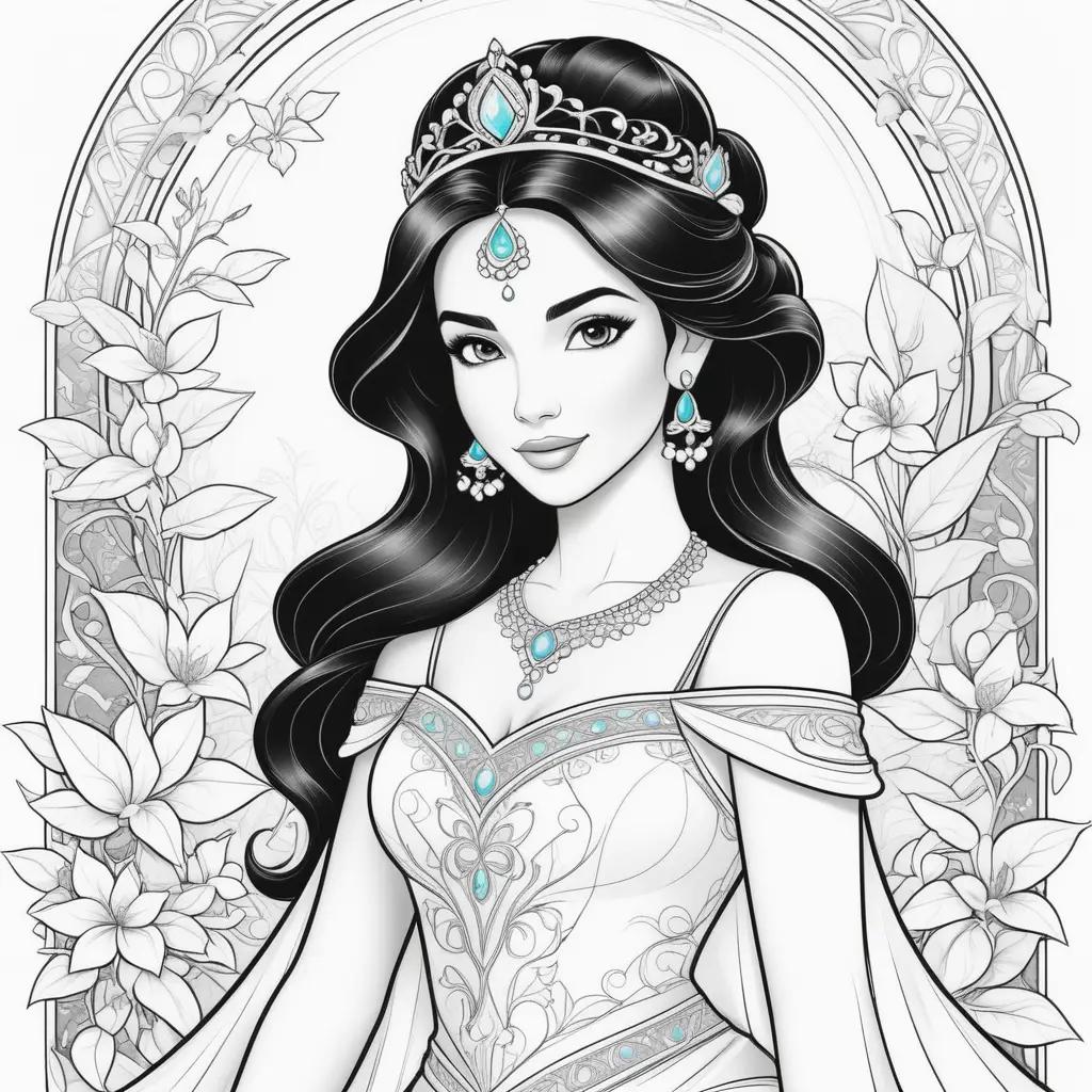 coloring page of Jasmine Princess with a tiara and jewelry