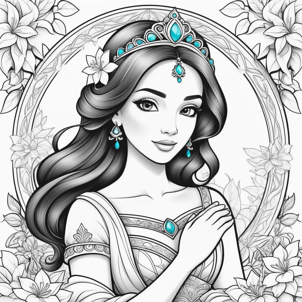 coloring page of Jasmine from Aladdin featuring a crown and earrings