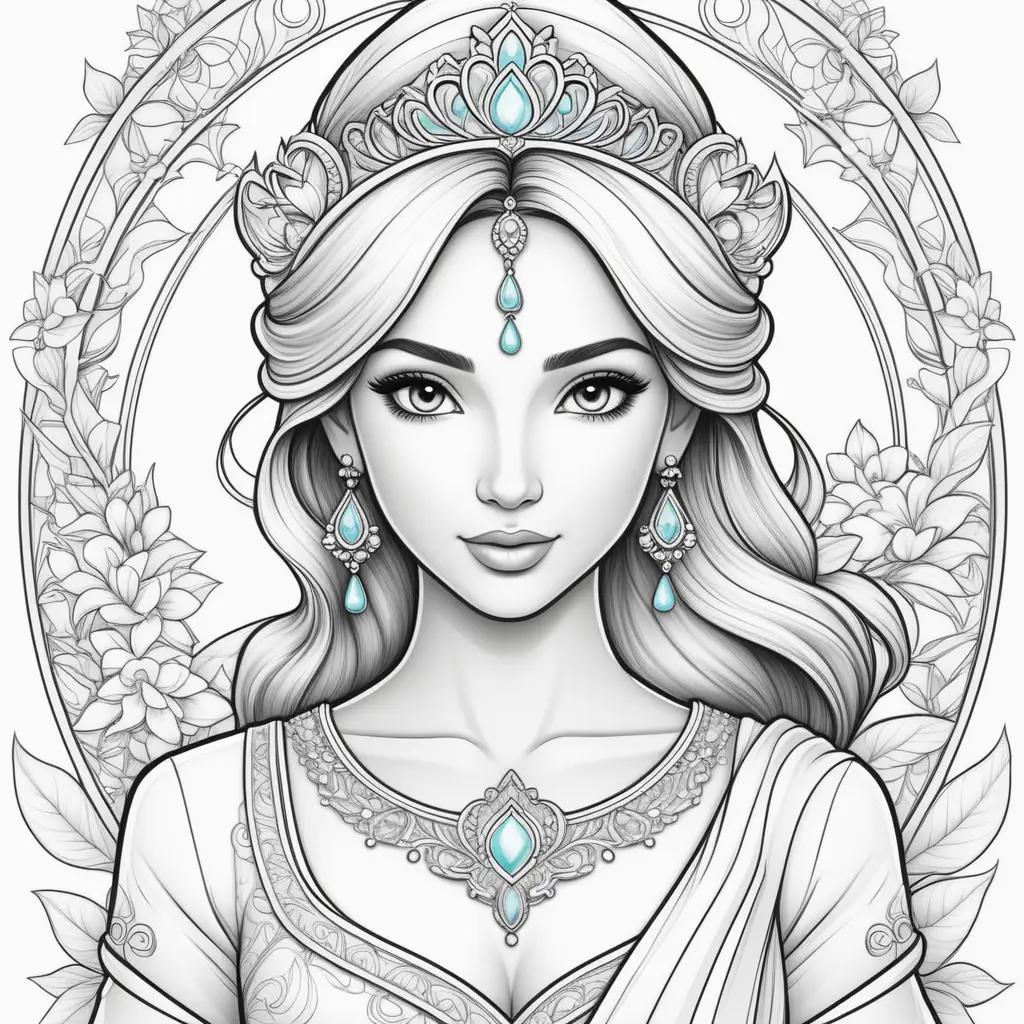 coloring page of Jasmine with a crown and earrings