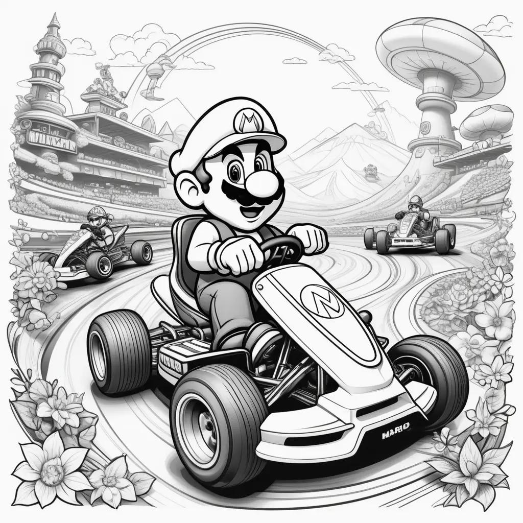 coloring page of Mario Kart featuring Mario and a kart