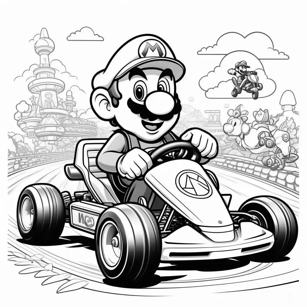 coloring page of Mario Kart featuring Mario driving a car