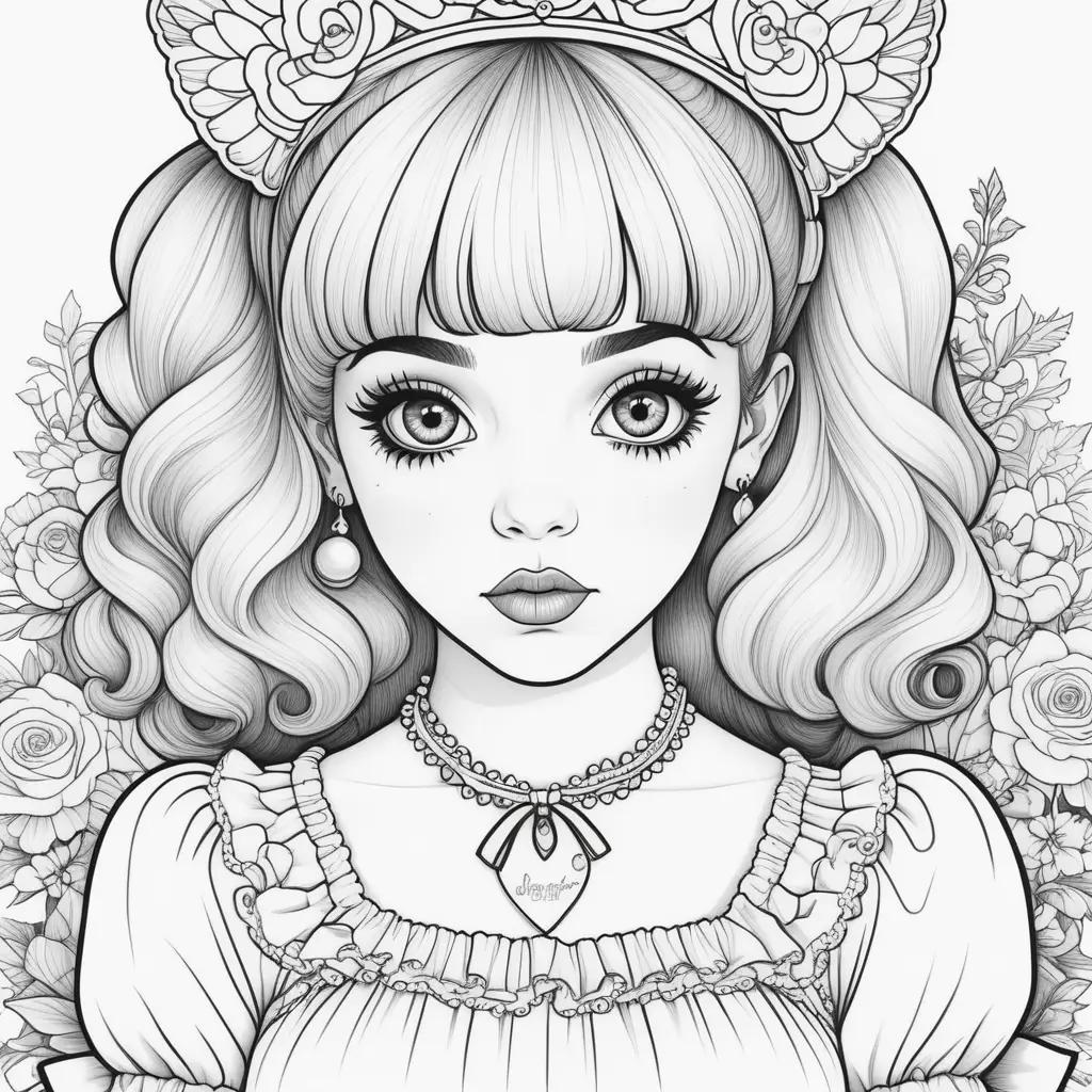 coloring page of Melanie Martinez featuring a crown and necklace