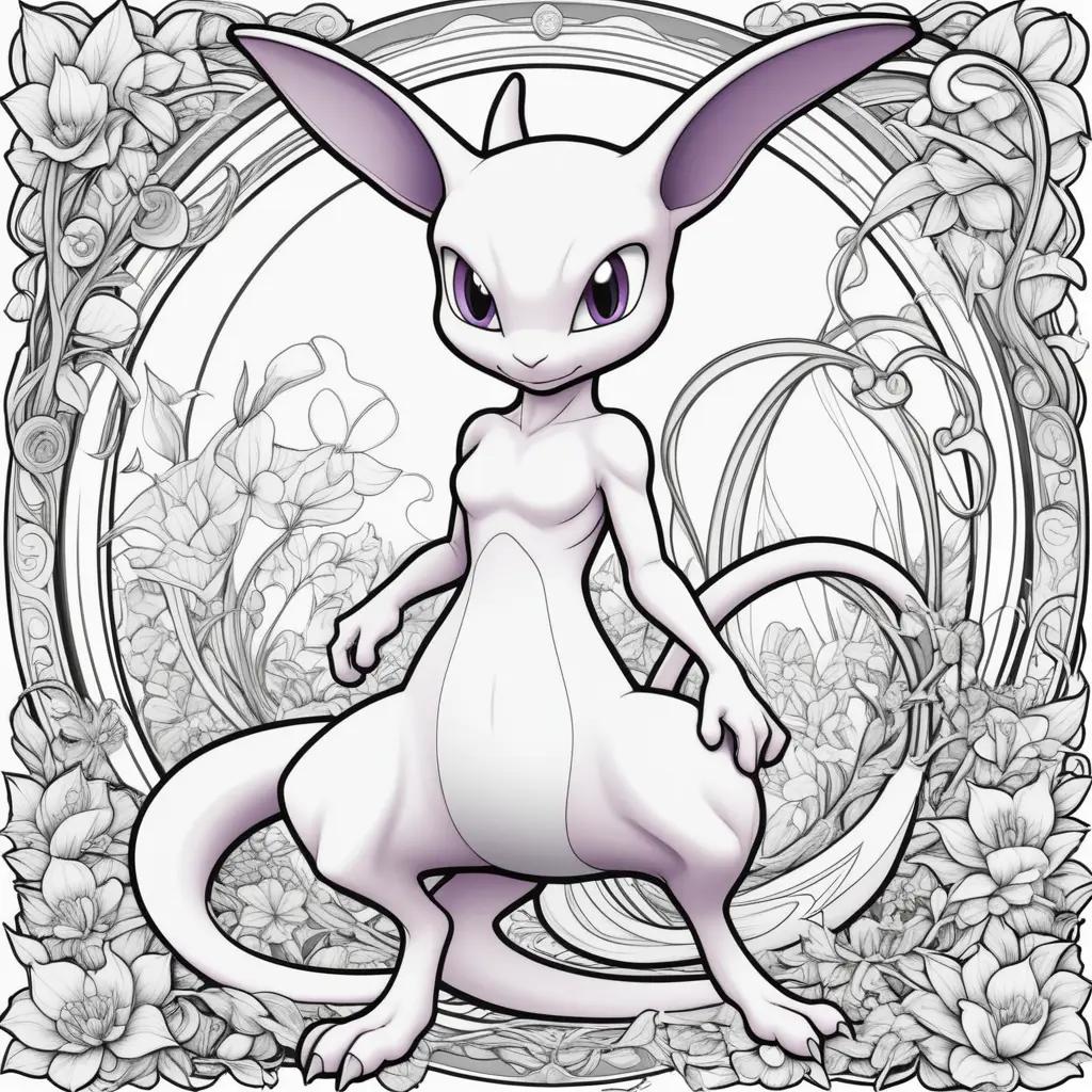 coloring page of Mewtwo in a floral frame