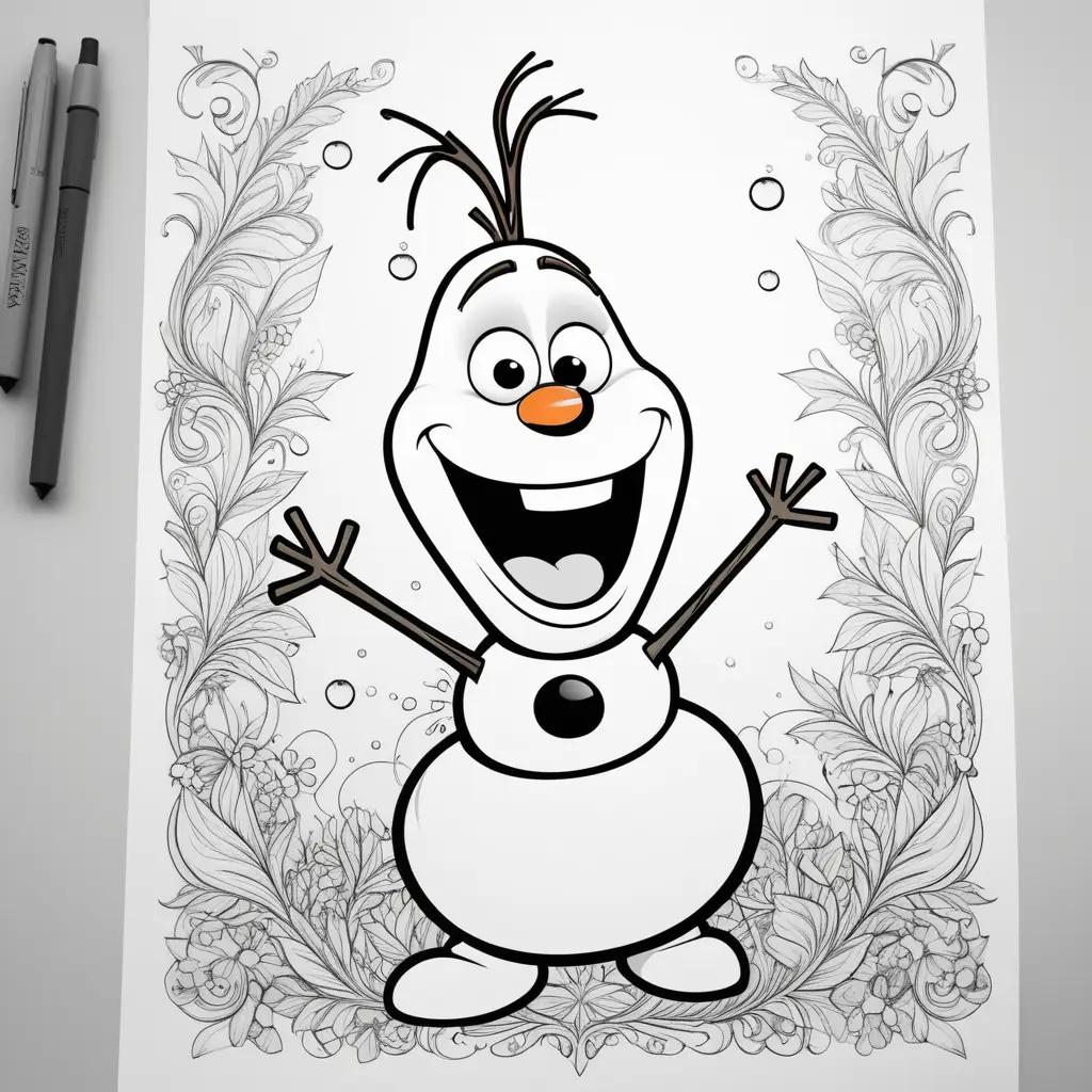 coloring page of Olaf with a flower wreath and a smile