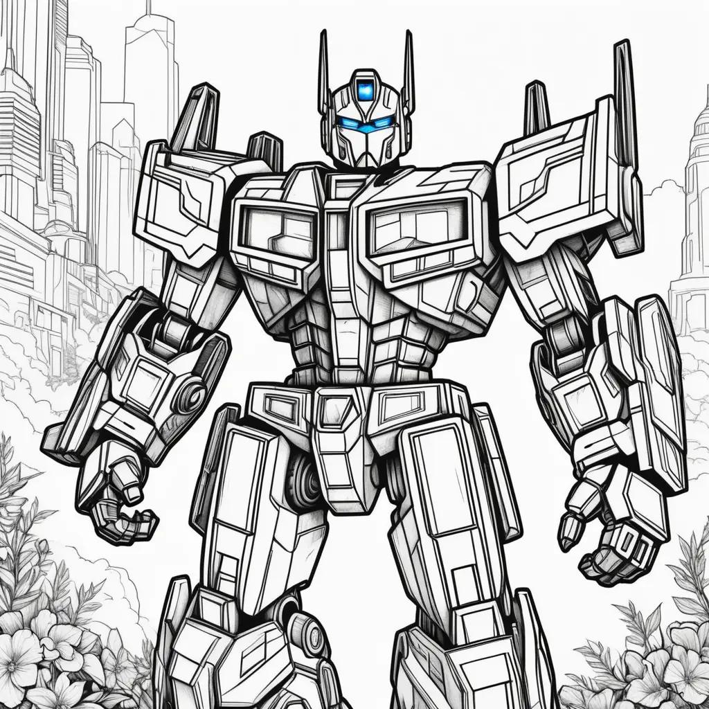 coloring page of Optimus Prime in a city scene