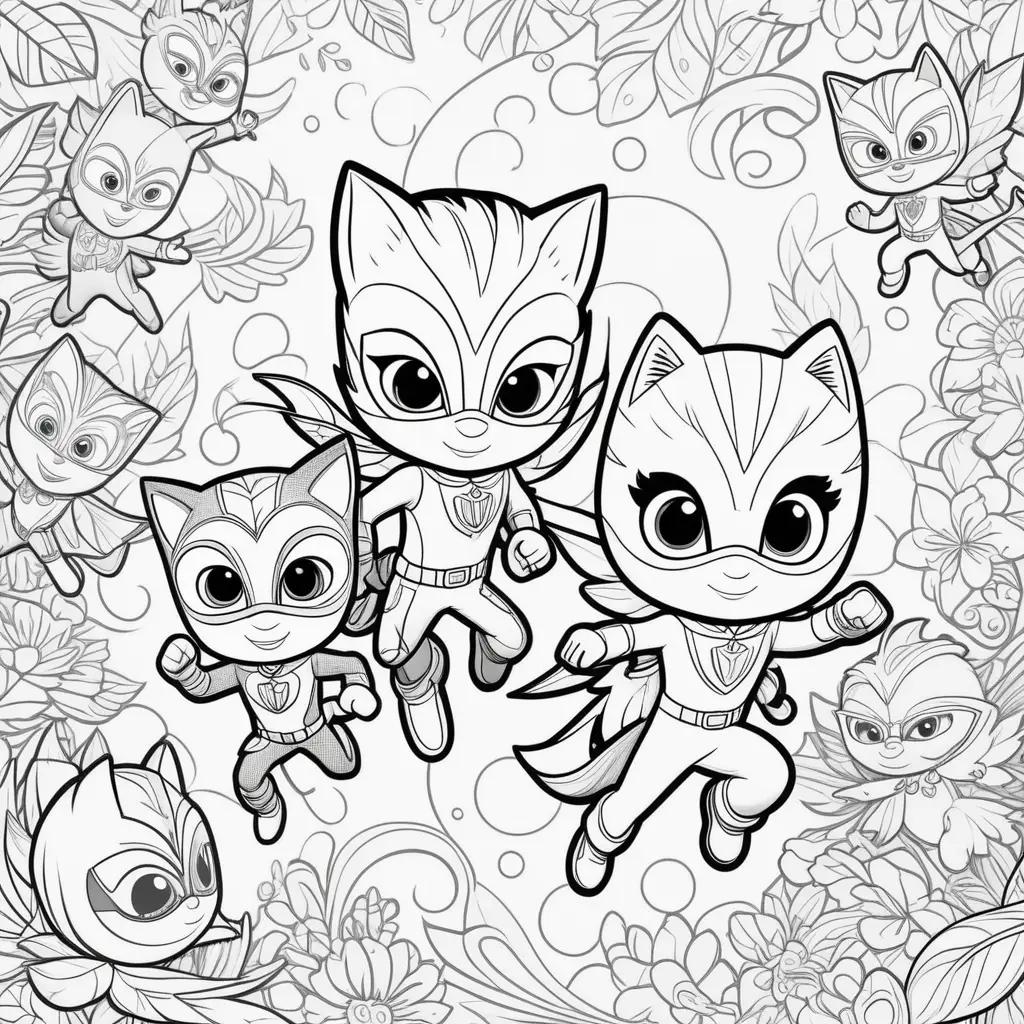 coloring page of PJ Masks characters in black and white