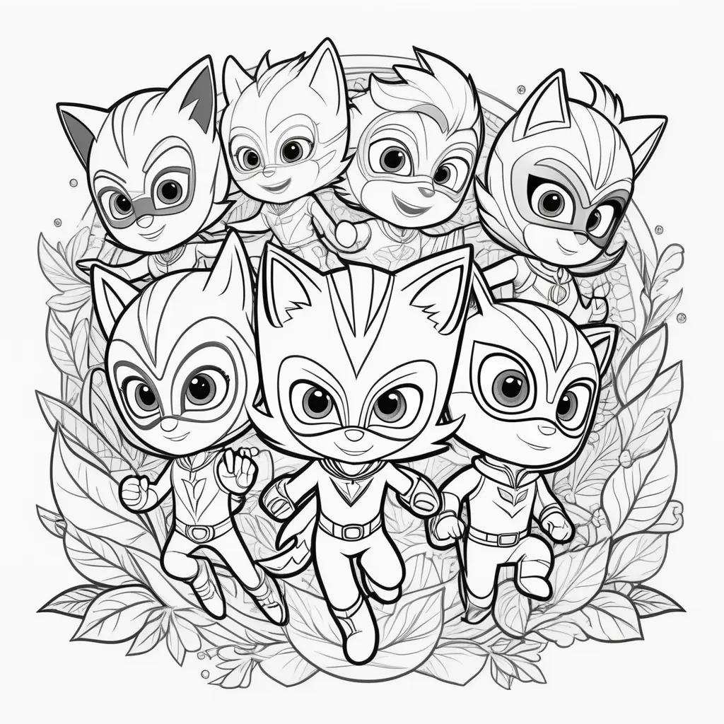 coloring page of PJ Masks characters with leaves