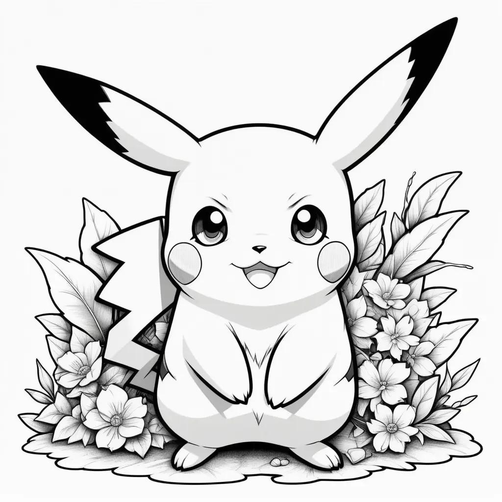 coloring page of Pikachu surrounded by flowers