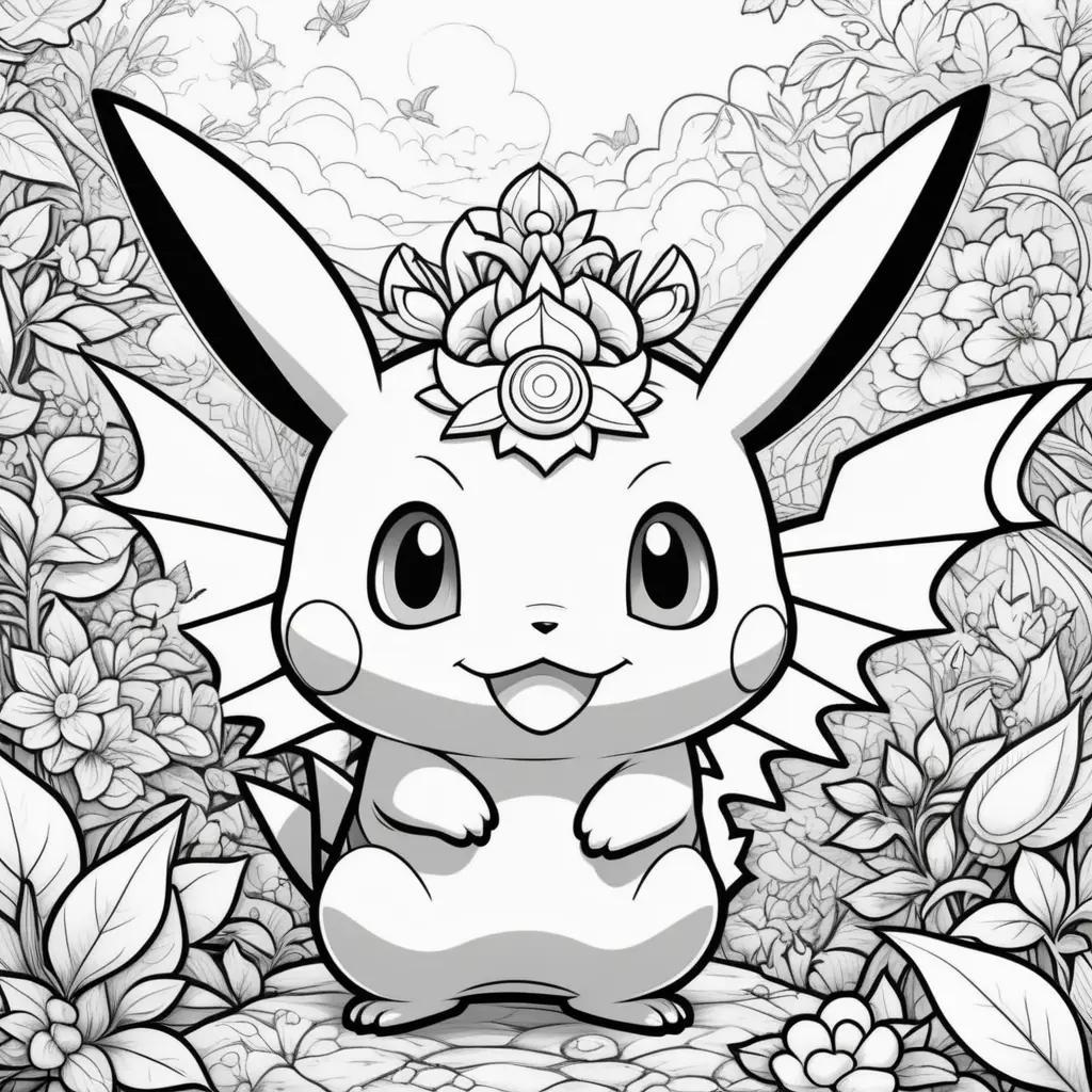 coloring page of Pikachu with flowers and leaves