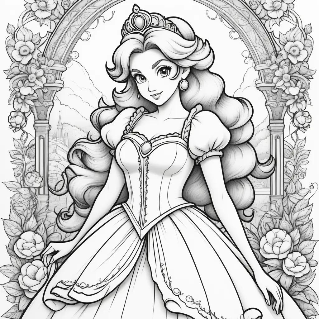 coloring page of Princess Peach with a crown and a pink dress