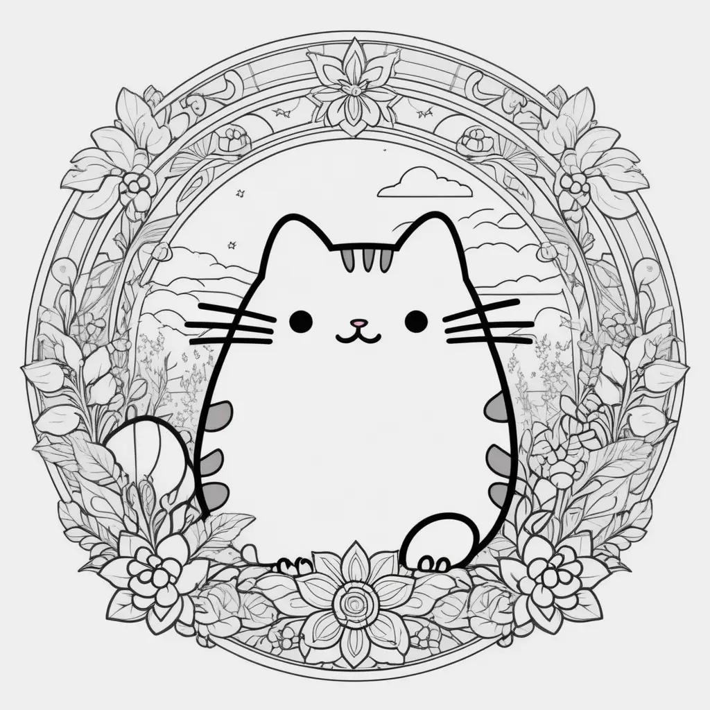 coloring page of Pusheen cat surrounded by flowers and clouds