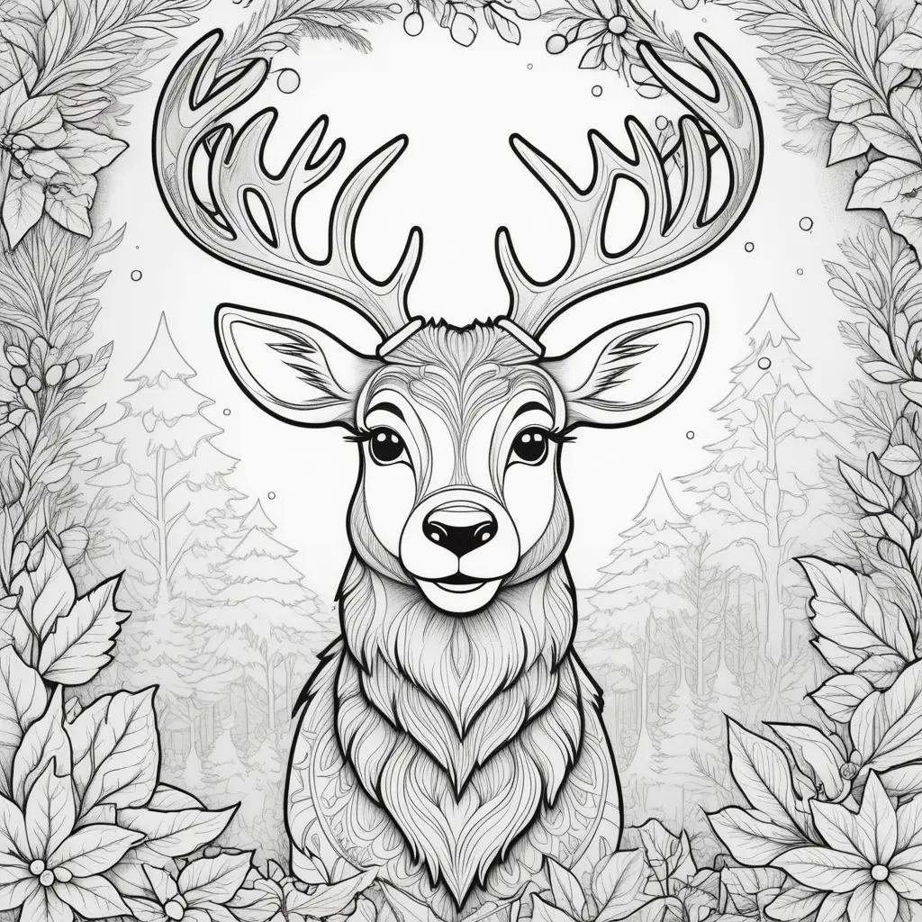 coloring page of Rudolph the Red Nosed Reindeer in a forest