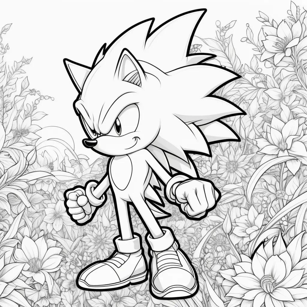 coloring page of Sonic the Hedgehog in a black and white coloring book