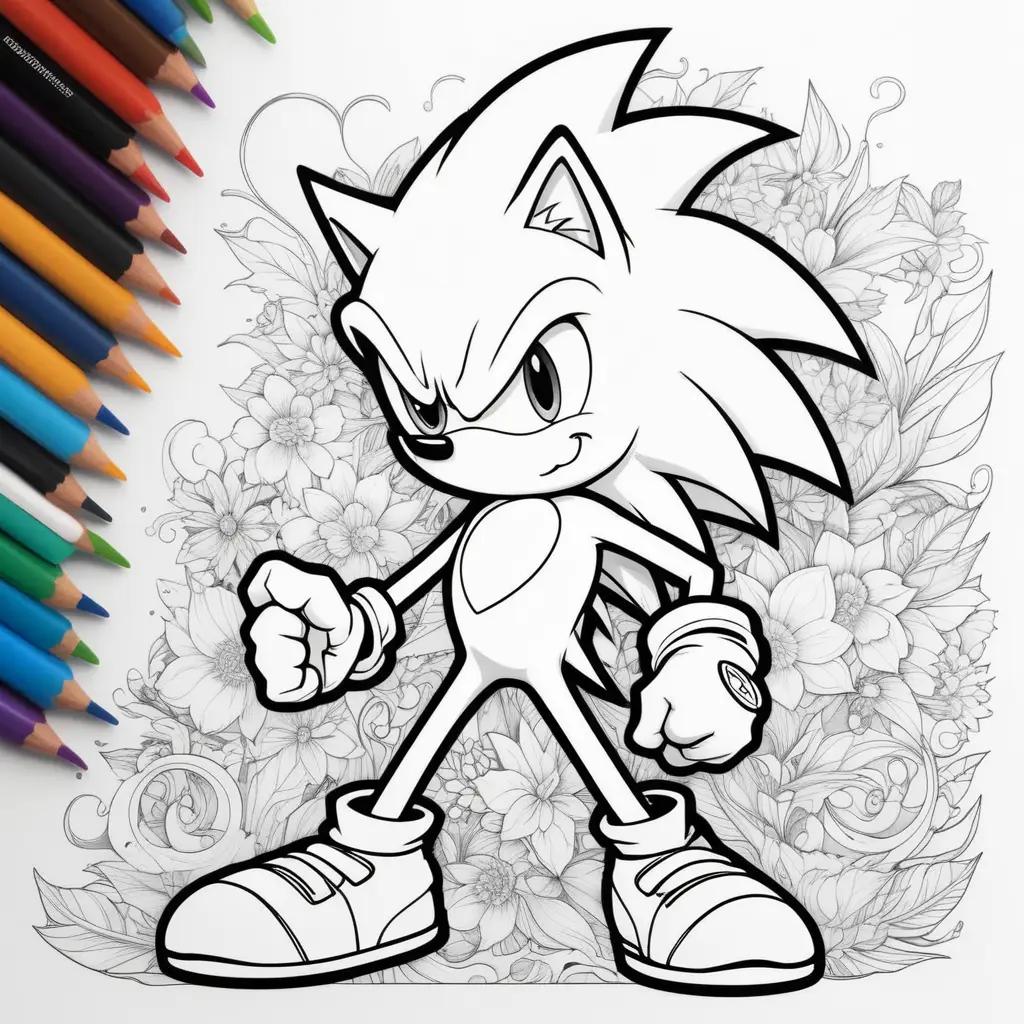 coloring page of Sonic the Hedgehog with a bunch of colorful pencils around him