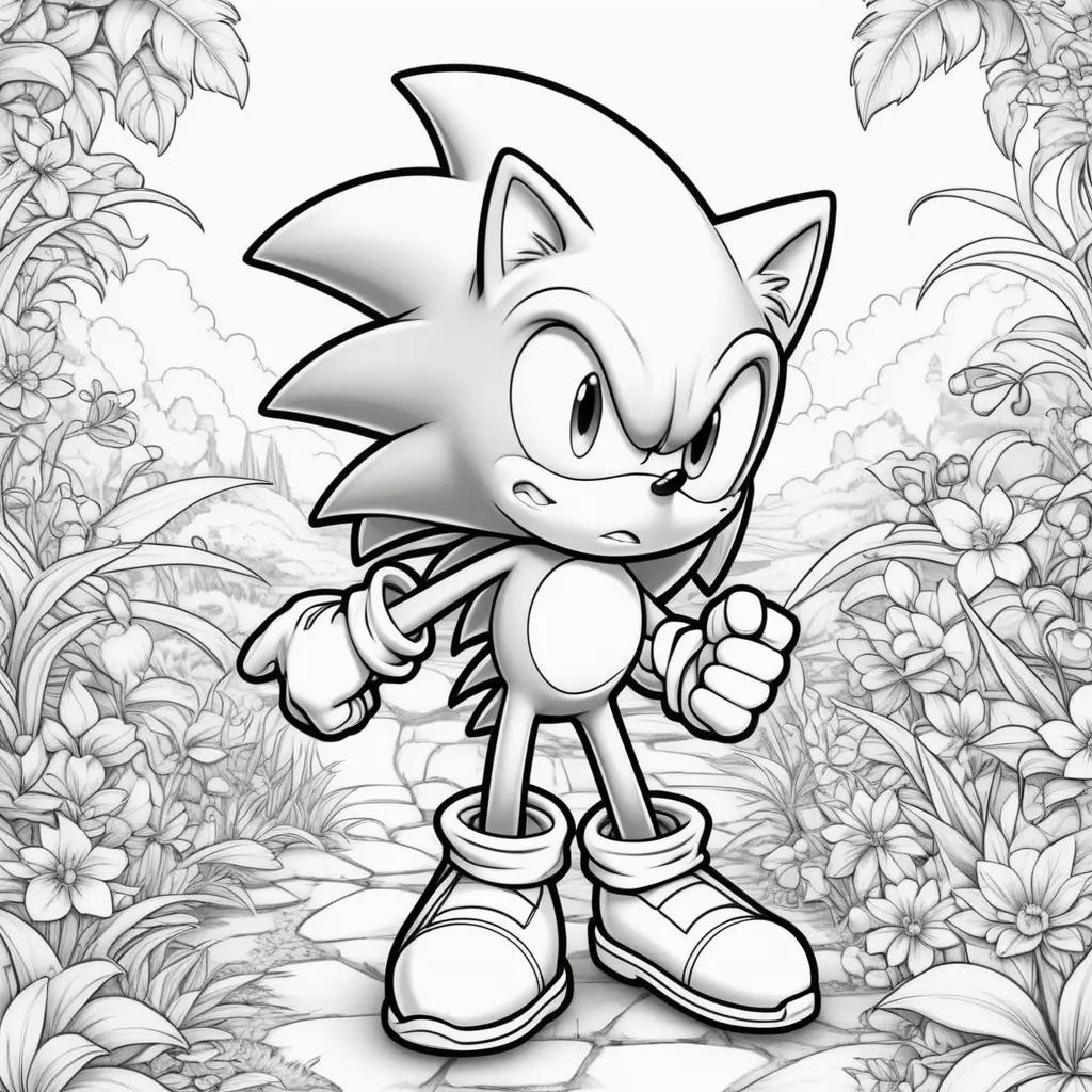 coloring page of Sonic the Hedgehog with a forest scene in the background