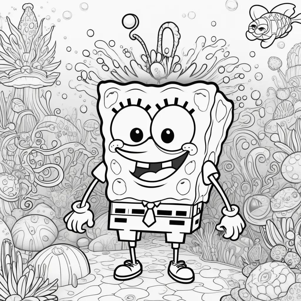 coloring page of Spongebob Squarepants featuring a man, a fish, and a sea anemone