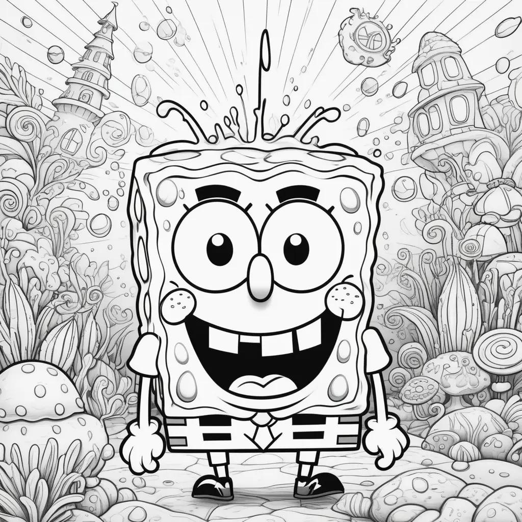 coloring page of Spongebob in a cartoon setting