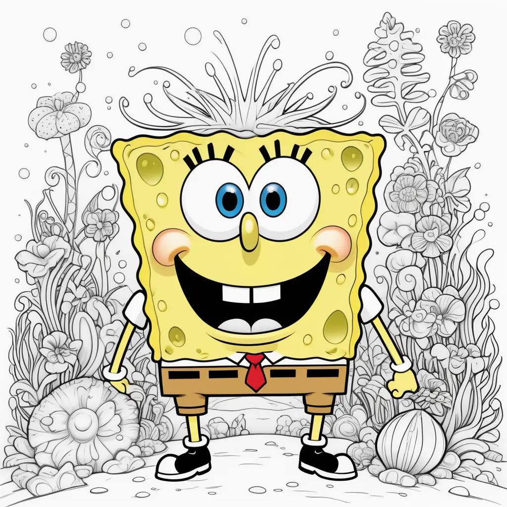 coloring page of Spongebob with a flower garden in the background