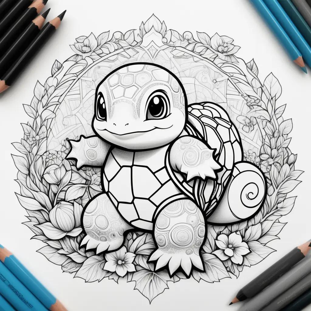 coloring page of Squirtle with flowers and pencils around it