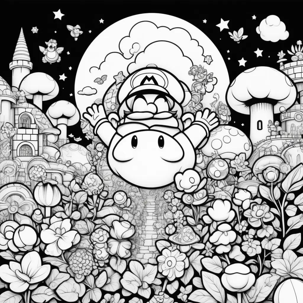 coloring page of Super Mario Bros. with mushrooms and flowers