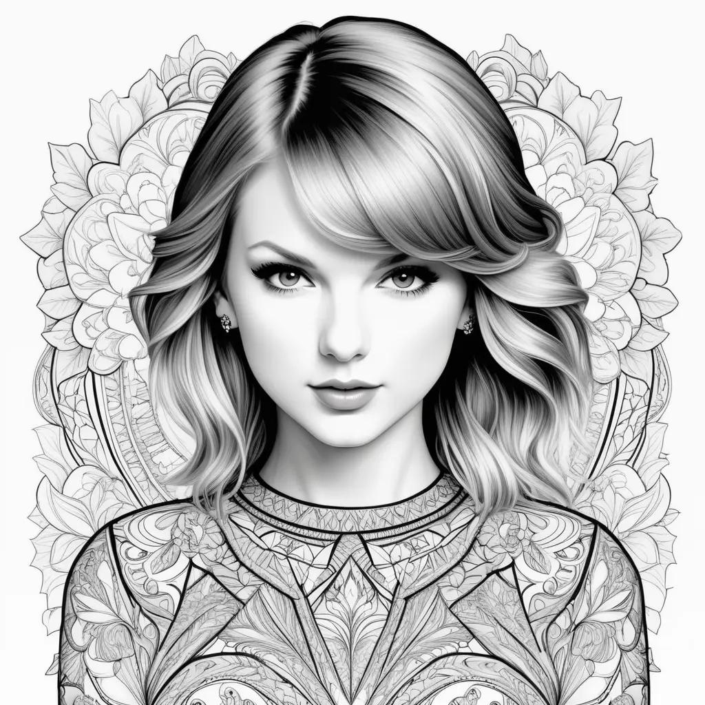 coloring page of Taylor Swift with intricate details