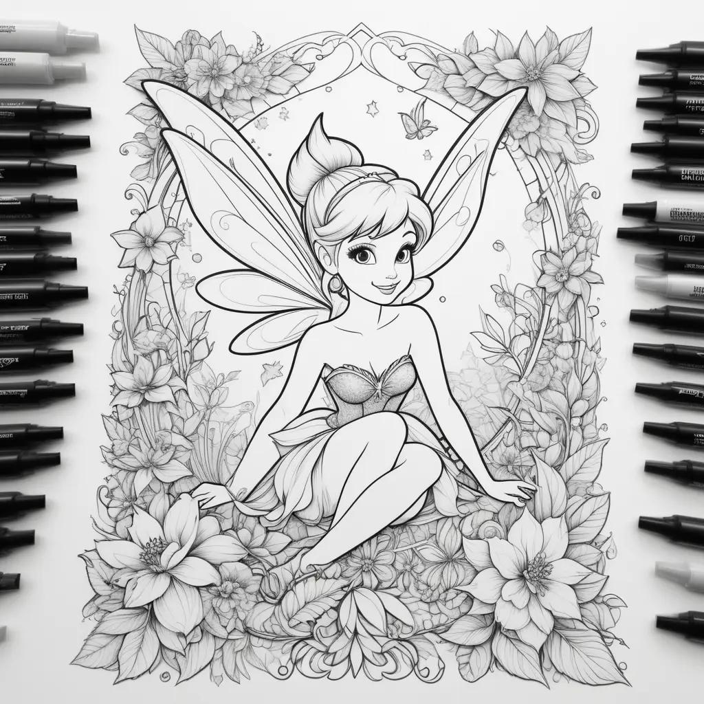 coloring page of Tinkerbell with a flower arrangement