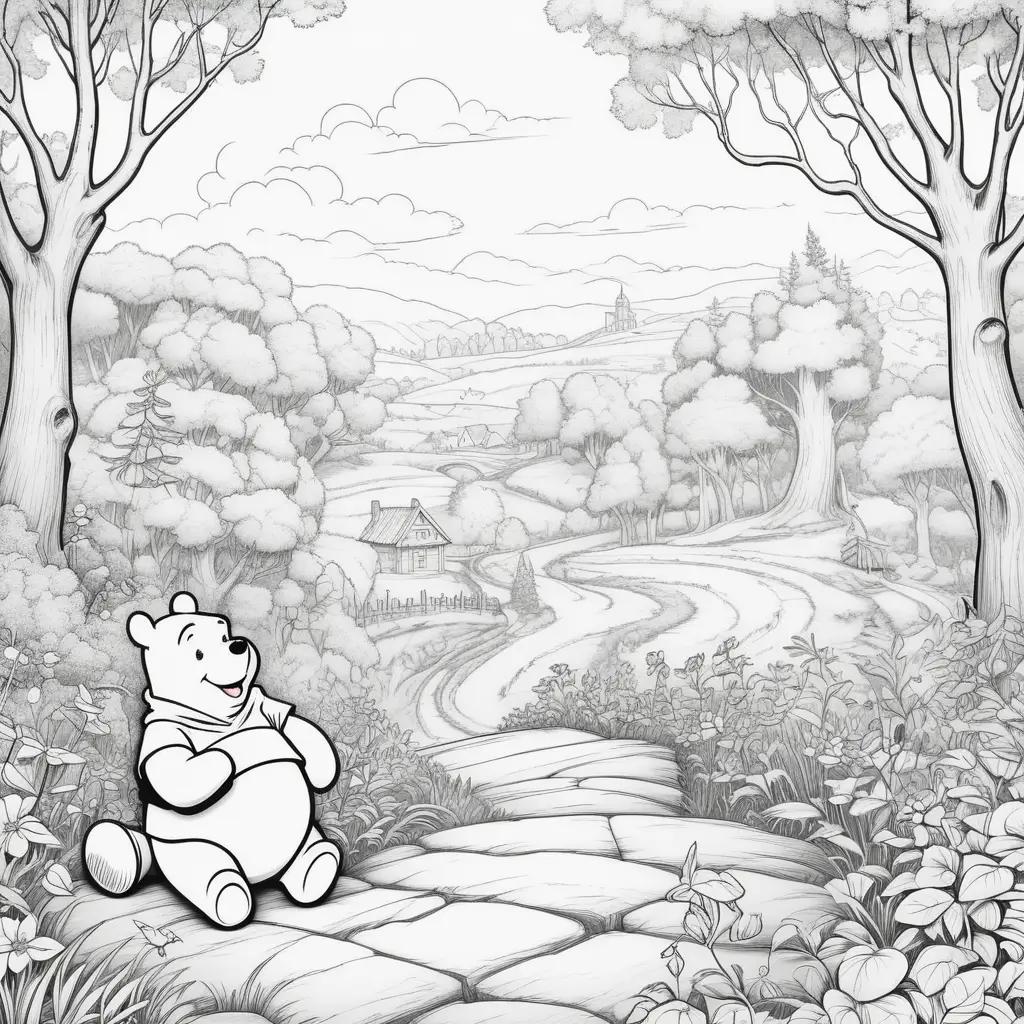 coloring page of Winnie the Pooh in a forest