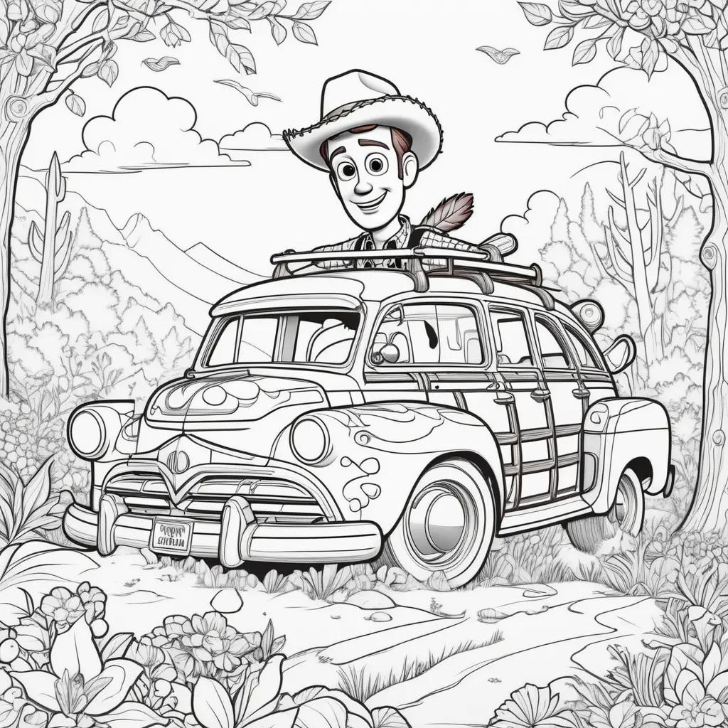 coloring page of Woody in a car with a hat on