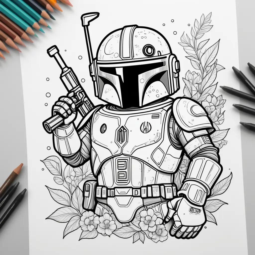 coloring page of a Boba Fett character with a gun and flowers