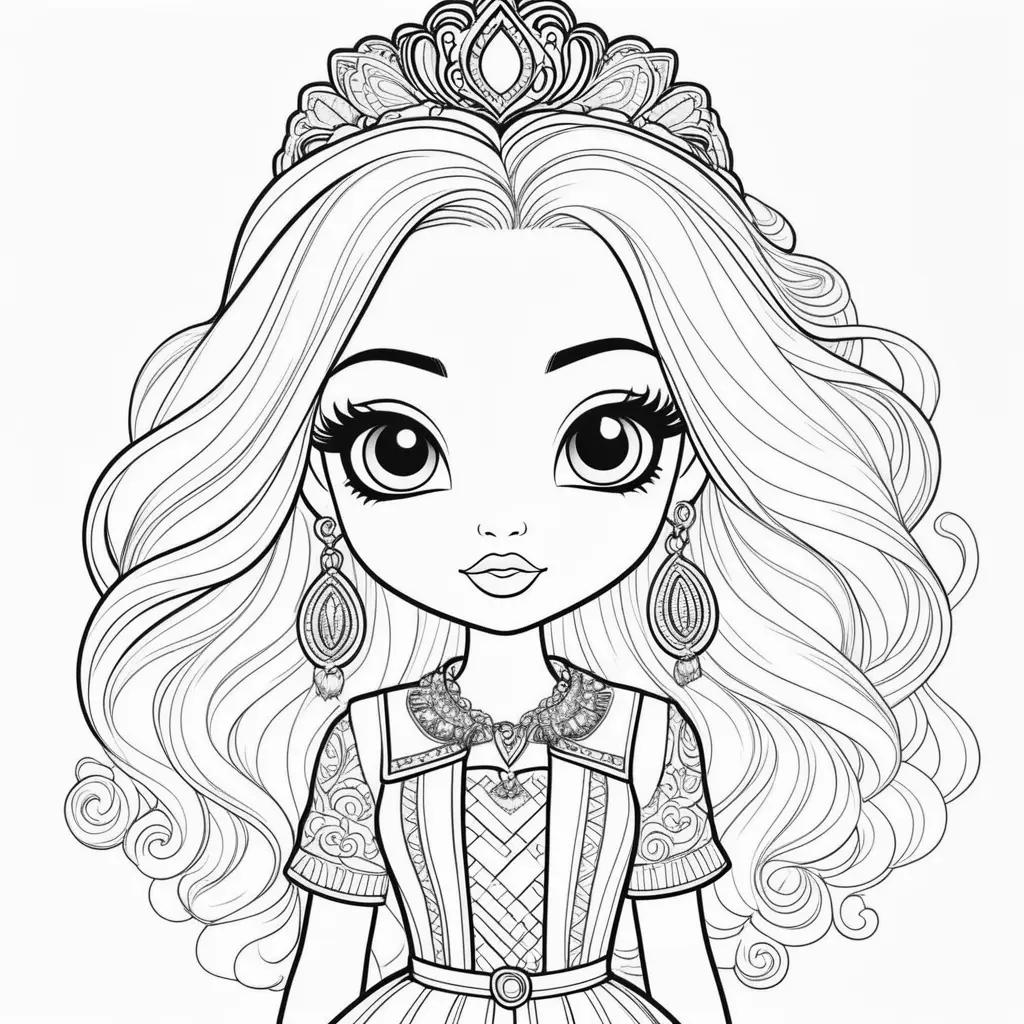 coloring page of a Bratz doll with a crown and earrings