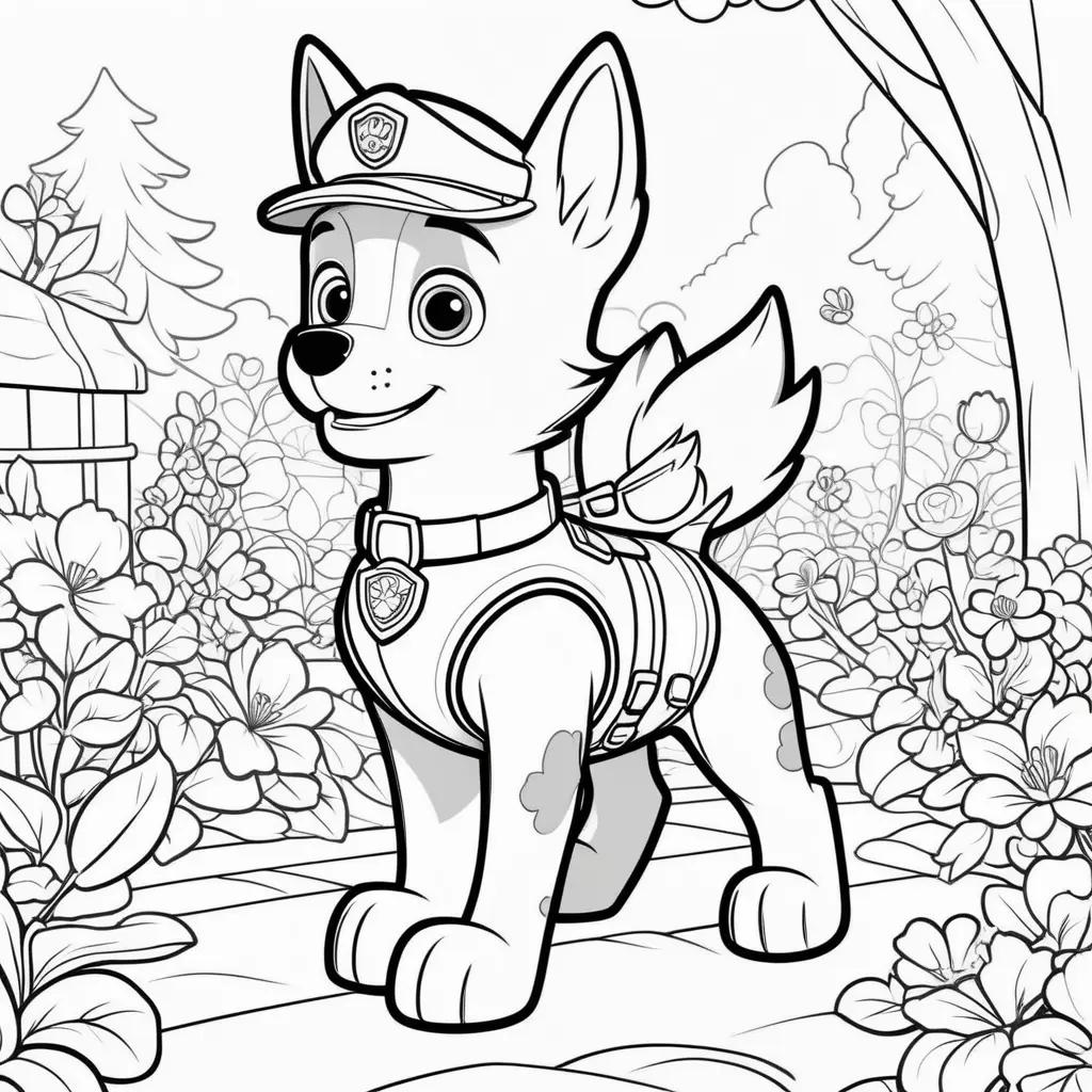 coloring page of a Chase Paw Patrol character in a forest