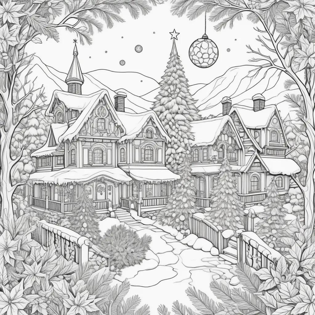 coloring page of a Christmas scene with a tree and houses