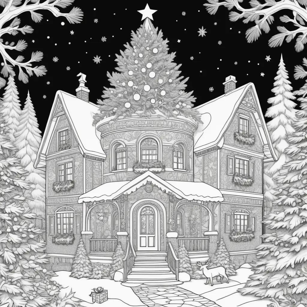 coloring page of a Christmas tree on a house