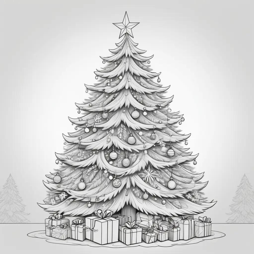 coloring page of a Christmas tree with presents and ornaments