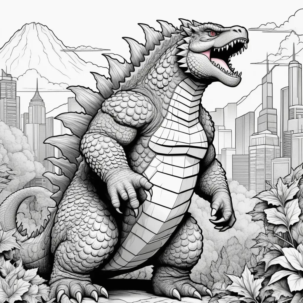 coloring page of a Godzilla dinosaur in black and white