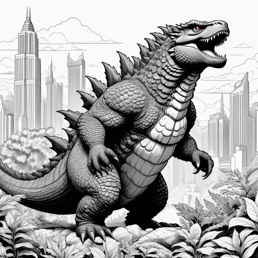 coloring page of a Godzilla in black and white