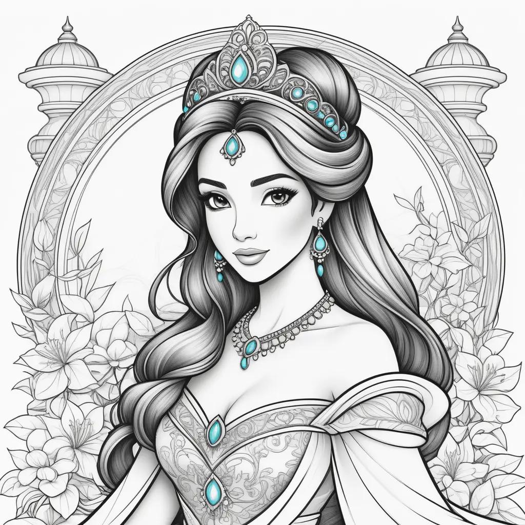 coloring page of a Jasmine Princess with a crown and earrings