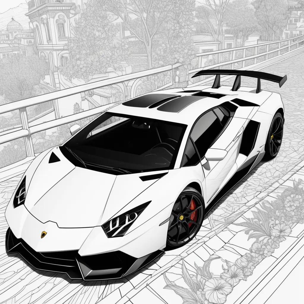 coloring page of a Lamborghini shows it in black and white