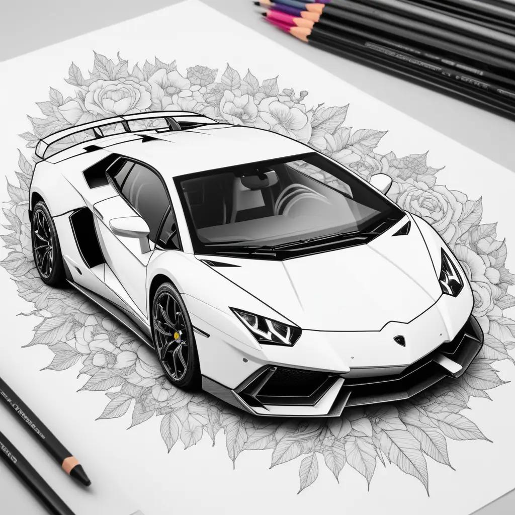 coloring page of a Lamborghini with black and white pencils